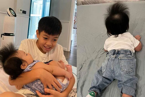 Cường Đôla khoe khoảnh khắc đáng yêu của con trai Subeo bế em gái cực khéo léo