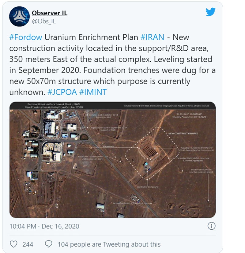 bức ảnh vệ tinh về công trình đang được xây dựng tại địa điểm Fordo được đăng trên Twitter