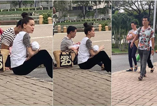 Hồ Ngọc Hà và Kim Lý ôm hai nhóc tỳ song sinh đi dạo phố