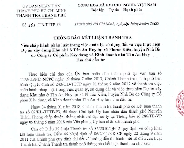 Thông báo kết luận thanh tra về chấp hành pháp luật trong việc quản lý, sử dụng đất và thực hiện dự án xây dựng khu nhà ở Tân An Huy. Thông báo kết luận thanh tra về chấp hành pháp luật trong việc quản lý, sử dụng đất và thực hiện dự án xây dựng khu nhà ở Tân An Huy.
