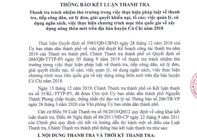 Kết luận thanh tra về trách nhiệm thủ trưởng trong xây dựng nông thôn mới tại huyện Củ Chi năm 2018. Kết luận thanh tra về trách nhiệm thủ trưởng trong xây dựng nông thôn mới tại huyện Củ Chi năm 2018.