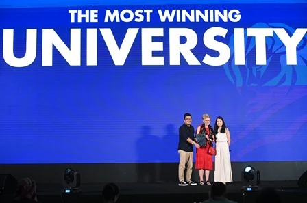 Giảng viên Khoa Truyền thông và Thiết kế Tiến sĩ Soumik Parida (trong hình, bên trái) và Trưởng khoa Giáo sư Julia Gaimster (trong hình, chính giữa) nhận giải thưởng “Đại học có nhiều đội thắng giải nhất”.