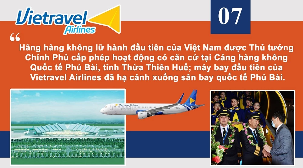Vietravel Ariline, hãng hàng không lữ hành đầu tiên của Việt Nam được Thủ tướng Chính Phủ cấp phép hoạt động có căn cứ tại Cảng hàng không Quốc tế Phú Bài, tỉnh Thừa Thiên Huế; máy bay đầu tiên của Vietravel Airlines đã hạ cánh xuống sân bay quốc tế Phú Bài.