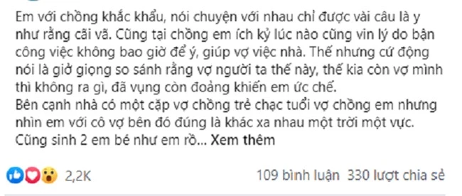 Mắng vợ “mở mắt nhìn vợ người ta” nhưng sau một hôm ngồi tâm sự với hàng xóm, chồng thẫn thờ về nhìn vợ mà mặt anh biến sắc - Ảnh 1.