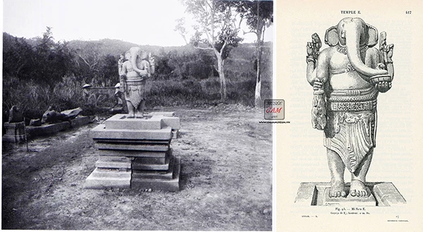 Hình ảnh hiện vật được phát hiện tại di tích năm 1903 (ảnh trái) và bản vẽ của nhà khảo cổ học Henri Parmentier, in trong ấn phẩm “Inventaire descriptif des monument cams de l’Annam: Tome I. Description des monuments” năm 1909 (ảnh phải). Nguồn ảnh: Bảo tàng Điêu khắc Chăm Đà Nẵng