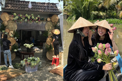 Hé lộ không gian cưới của Á hậu Thúy An ở miền Tây: Cô dâu và Á hậu Phương Nga chèo xuồng, cổng hoa được trang trí lạ mắt