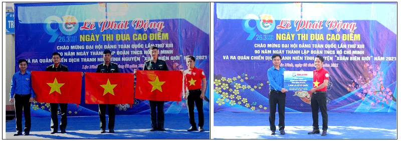 Tuổi trẻ Bình Phước vinh dự đón nhận 1.500 lá cờ Tổ quốc cùng thông điệp sâu sắc về lòng yêu nước từ anh Nguyễn Trần Minh Trí, Phó Bí thư Đoàn Thanh niên Báo Người Lao Động (áo cờ đỏ sao vàng).