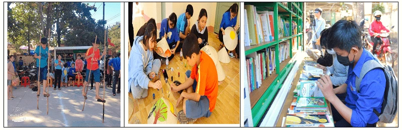 Sân chơi “Thiếu nhi với Tết Việt”, hoạt động vẽ tranh về môi trường trên nón lá và Thư viện lưu động (lần lượt từ trái sang) trở nên thu hút đối với đoàn viên, thanh thiếu nhi huyện vùng biên.