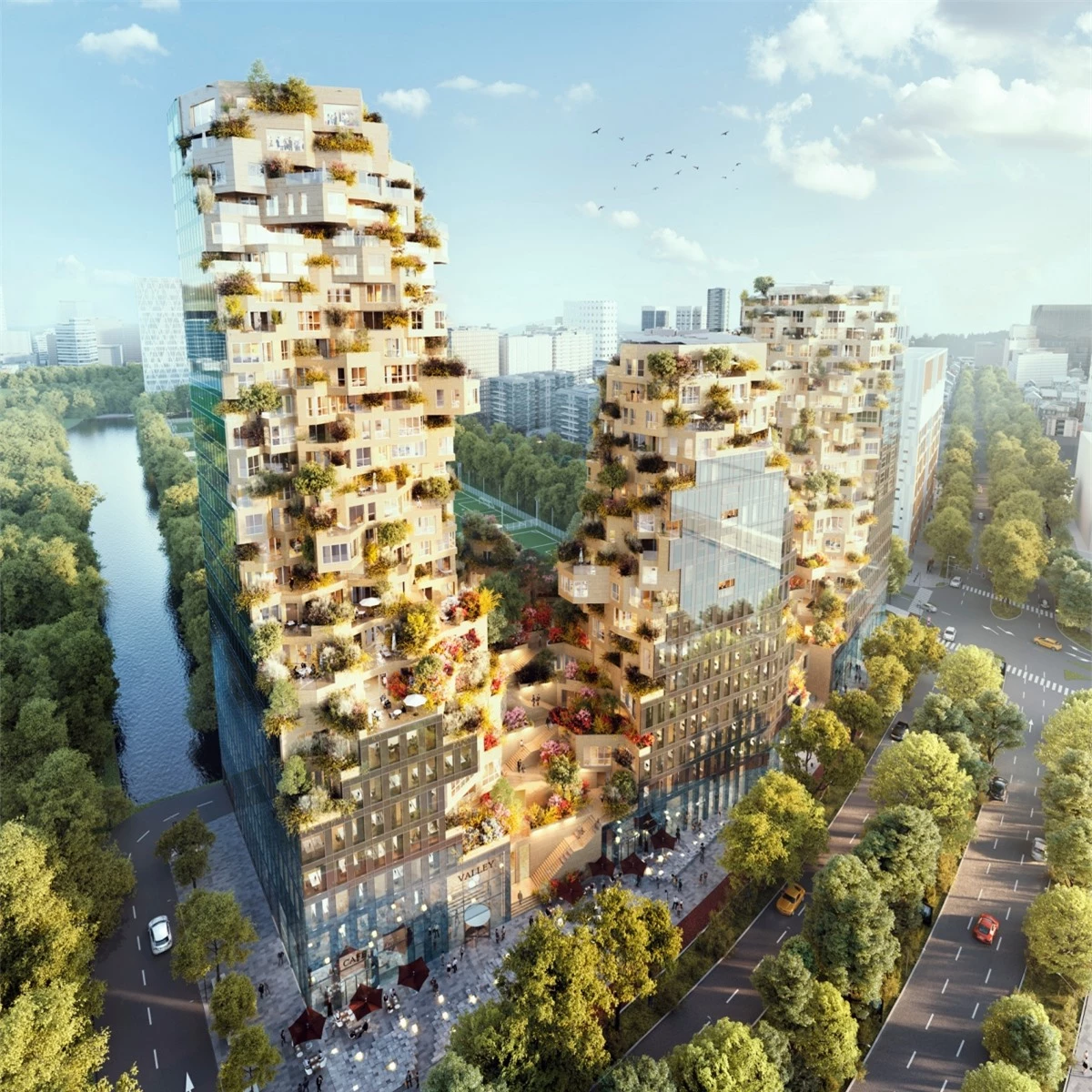 MVRDV lần đầu tiên công bố thiết kế tòa nhà cao tầng hỗn hợp ở Rotterdam vào năm 2015 và cuối cùng nó sẽ đi vào hoạt động năm 2021. Được đặt tên là Thung lũng, công trình bao gồm ba đỉnh núi, mỗi đỉnh đều có cây xanh và cửa sổ góc nhô ra từ mọi góc độ./.