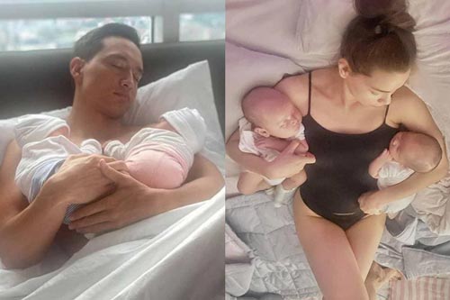 Hồ Ngọc Hà diện bikini nóng bỏng, hai tay ôm chặt hai nhóc tỳ sinh đôi dưới ống kính của Kim Lý