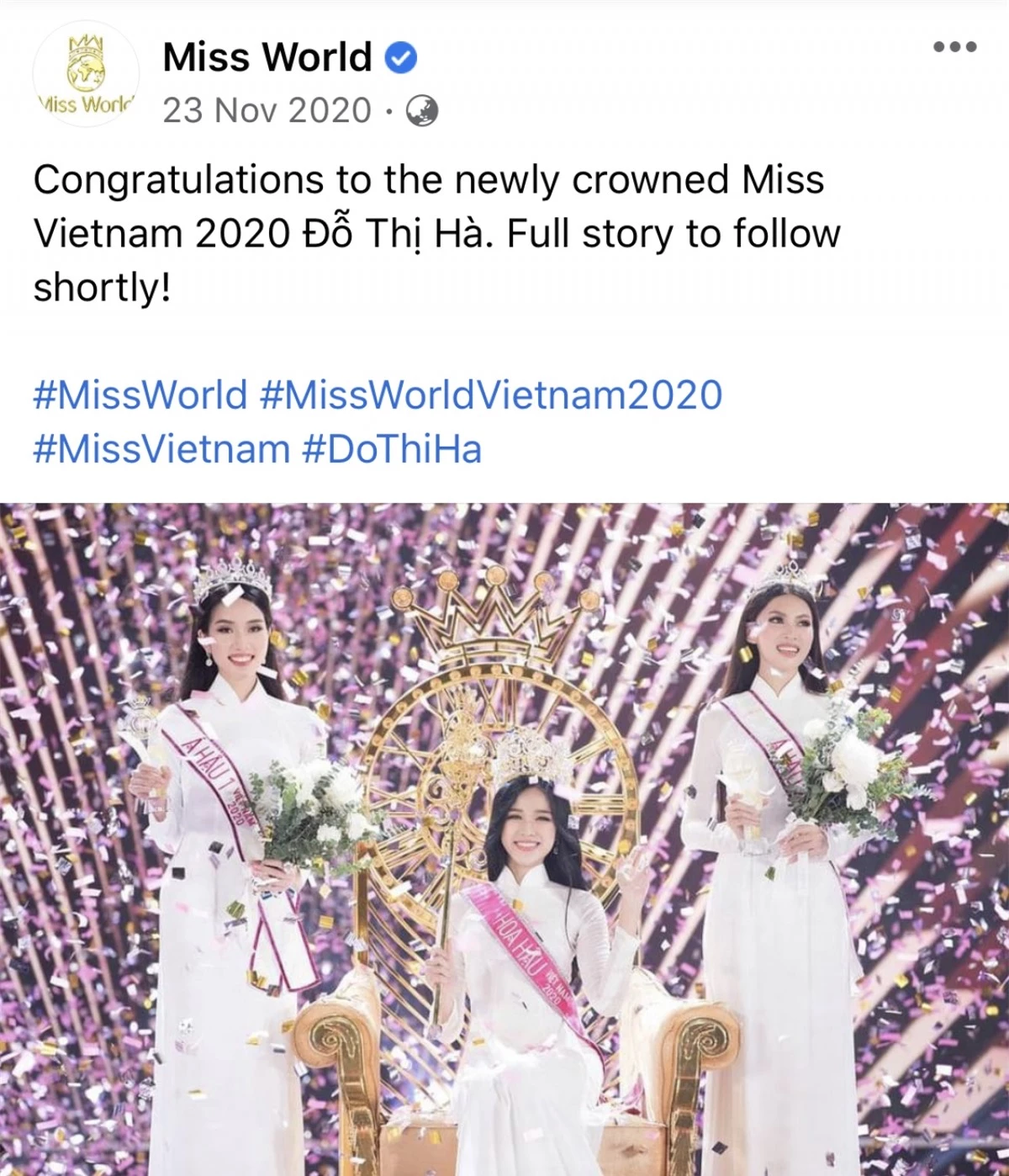 Fanpage Miss World chúc mừng Đỗ Thị Hà vì chiến thắng tại Hoa Hậu Việt Nam 2020.