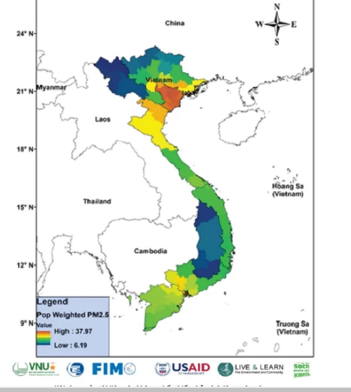 Bản đồ nồng độ bụi mịn PM2,5 có trọng số dân số theo tỉnh/thành tại Việt Nam năm 2019.