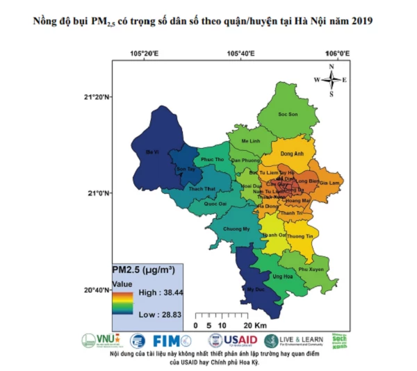 Bản đồ nồng độ bụi PM2,5 có trọng số dân số theo quận/huyện tại Hà Nội năm 2019.