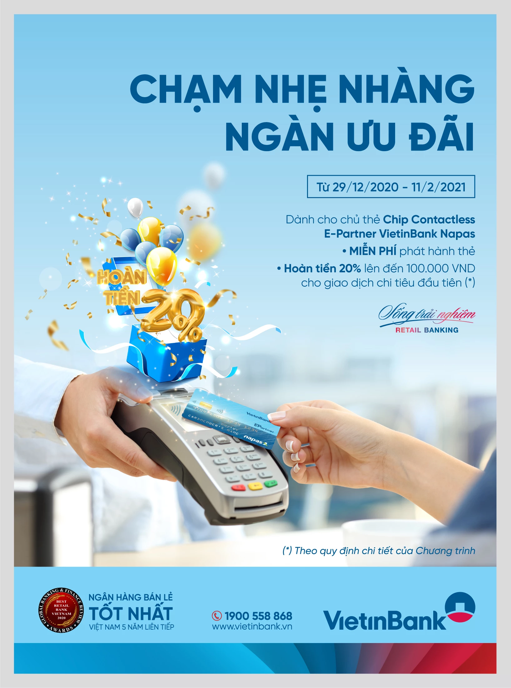 VietinBank miễn phí phát hành thẻ Ghi nợ Nội địa (GNNĐ) Chip Contactless E-Partner VietinBank Napas.