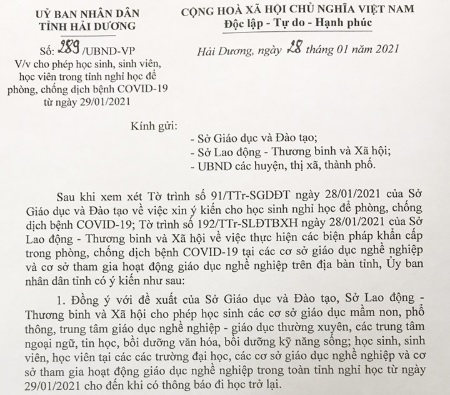 Hải Dương: BN 1552 nhiễm SARS-CoV-2 chủng mới, học sinh các cấp nghỉ học từ 29/1 