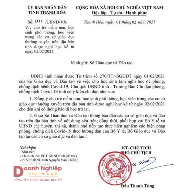UBND tỉnh Thanh Hóa đồng ý cho học sinh toàn tỉnh nghỉ học phục vụ công tác phòng, chống C0vid-19.