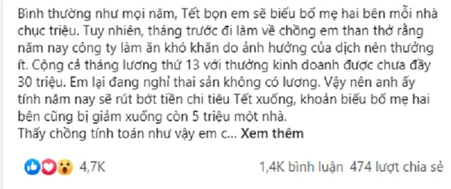 Chồng yêu cầu giảm tiền biếu Tết bố mẹ hai bên nhưng lại để lộ 1 khoản &quot;chi khủng&quot; mờ ám, song pha xử lý của vợ mới thật sự khiến anh &quot;trở tay không kịp&quot; - Ảnh 1.