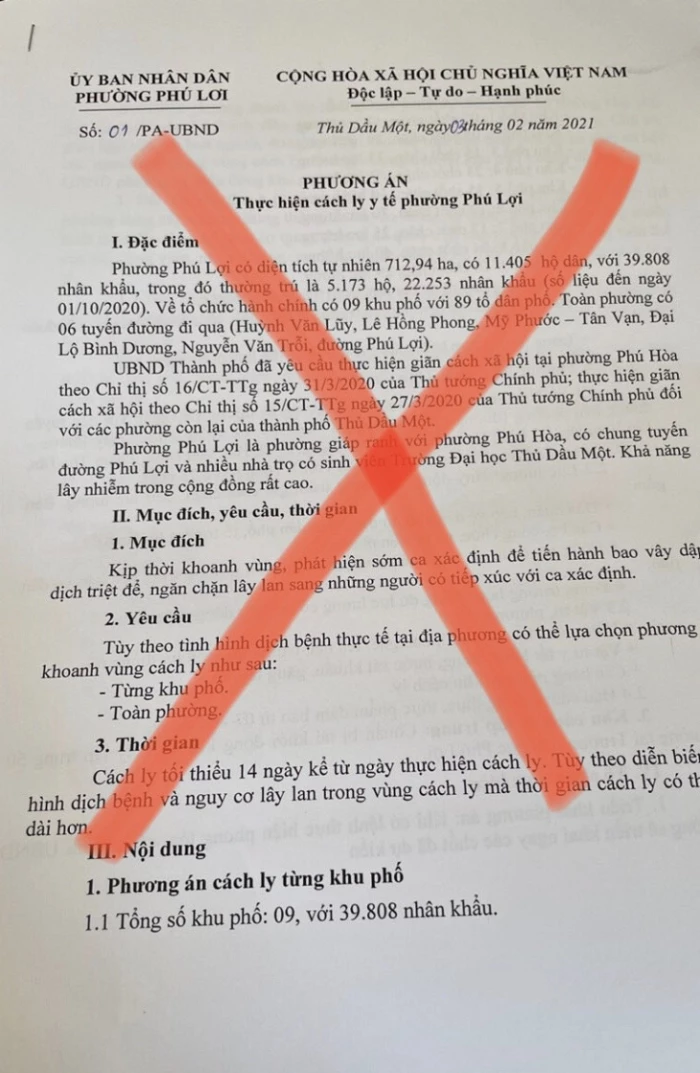 Những hình ảnh, thông tin giả mạo về việc phong toả, cách ly thêm một số khu vực ở TP. Thủ Dầu Một được đăng tải trên mạng xã hội.