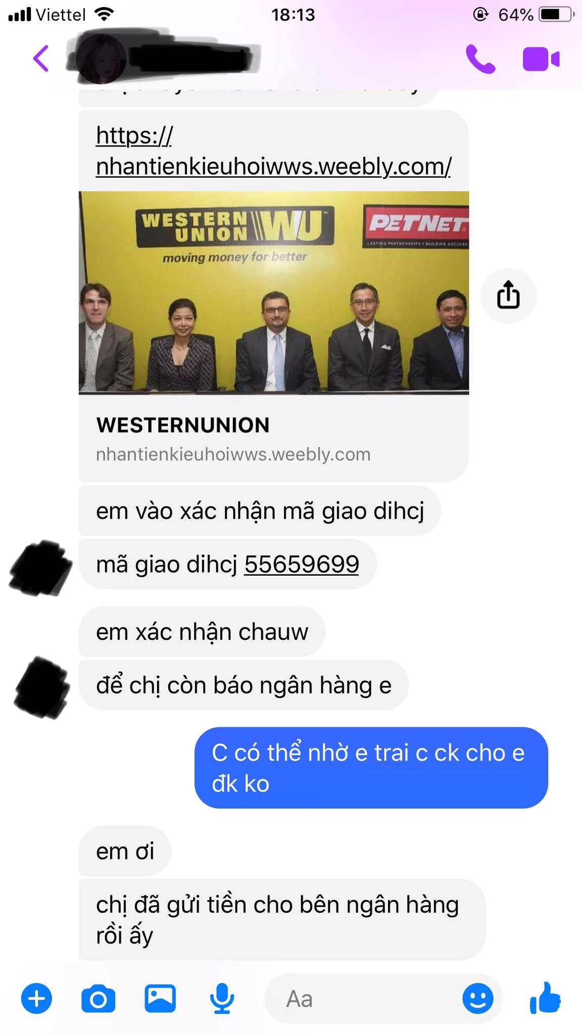 Các đối tượng lừa đảo dẫn dụ bị hại đăng nhập vào đường link website Western Union giả mạo.