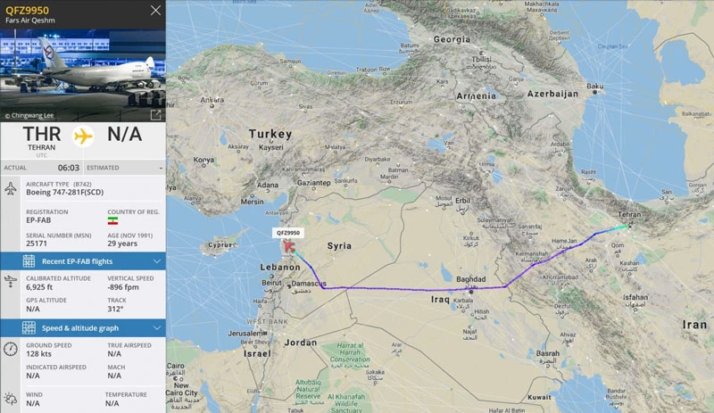 Lộ trình của máy bay Iran.