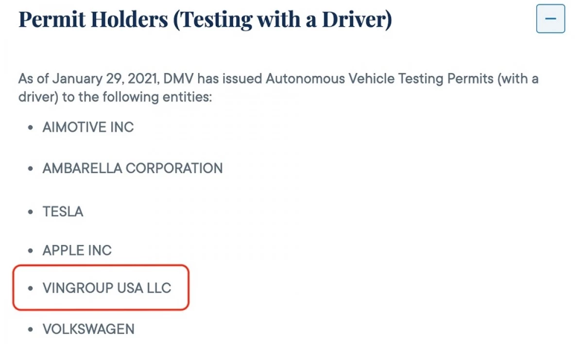 “Vingroup USA LLC” nằm trong danh sách được cấp Chứng chỉ thử nghiệm xe tự lái vào ngày 29/1/2021.