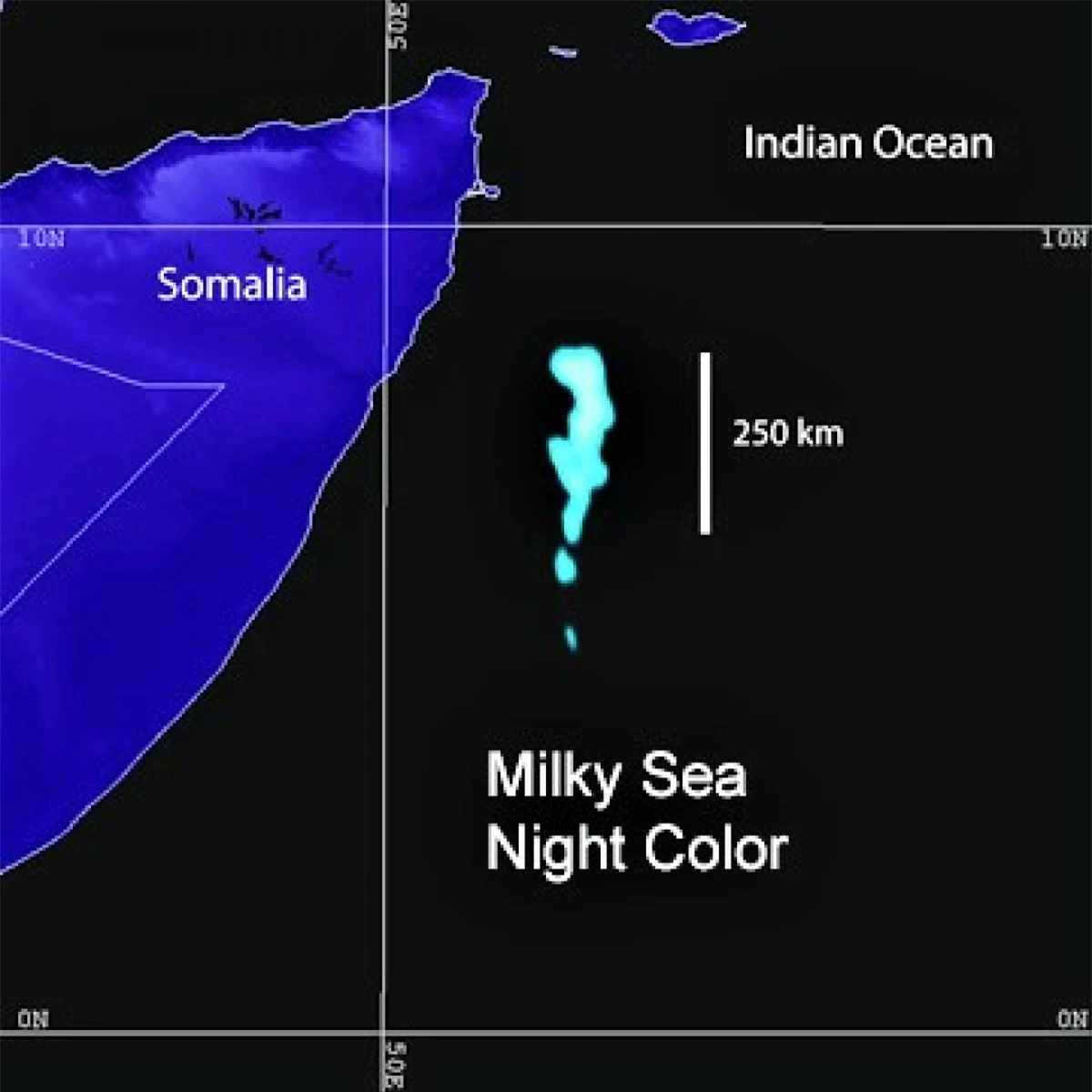 Biển sữa (Milky) đề cập đến ánh sáng màu trắng đục (với các sắc thái xanh lam khác nhau) độc đáo của vùng biển rộng 16.000 km2 ở Ấn Độ Dương. Nó phát đủ sáng vào ban đêm để các vệ tinh quay quanh Trái đất có thể nhìn thấy. Hiện tượng đại dương xảy ra do hoạt động của vi khuẩn phát quang sinh học, làm cho nước chuyển sang màu xanh lam, nhìn bằng mắt thường trong bóng tối có màu trắng sữa. Hiện tượng biển Milky được ghi nhận là đã tồn tại hơn 4 thế kỷ.Ảnh: Wikipedia
