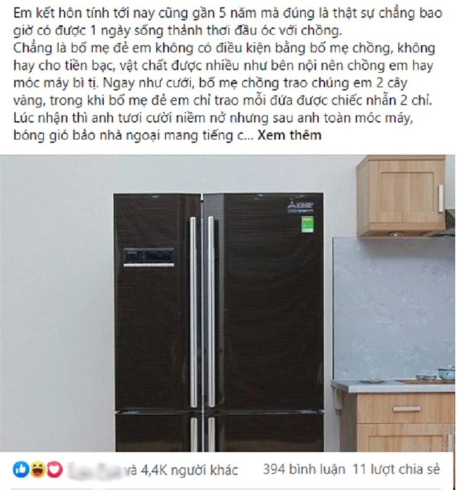 Tân gia được nhà nội tặng tủ lạnh 2 cánh, chồng bảo "ngoại có như không" nhưng ngay sau đấy anh lại "đờ đẫn" với chiếc phong bì tới muộn của bố mẹ vợ - Ảnh 1.