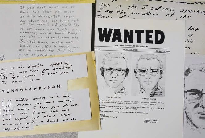 Phác họa chân dung sát nhân hàng loạt Zodiac và một số bức thư của hắn. Nguồn: NBC News.