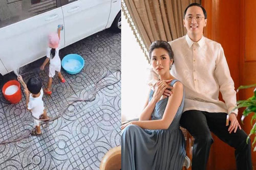 Hết phụ việc nhà, hai nhóc tỳ nhà Tăng Thanh Hà còn giúp bố mẹ rửa 'xế hộp'