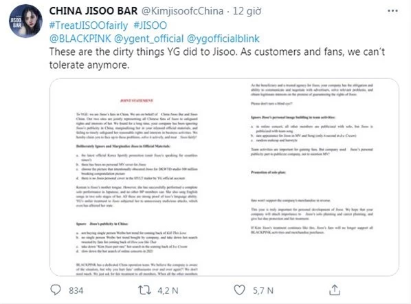 Giữa tin Jennie hẹn hò GD, fan BLACKPINK nổi giận đẩy hashtag đòi công bằng cho Jisoo, viết mail tố tội YG dài đến 3 mặt giấy? - Ảnh 1. Giữa tin Jennie hẹn hò GD, fan BLACKPINK nổi giận đẩy hashtag đòi công bằng cho Jisoo, viết mail tố tội YG dài đến 3 mặt giấy? - Ảnh 1.