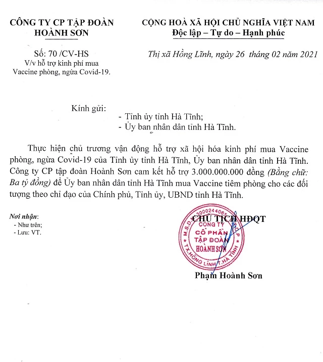 Văn bản của Công ty CP Tập đoàn Hoành Sơn về việc cam kết hỗ trợ tỉnh Hà Tĩnh 3 tỷ đồng mua vắc xin tiêm phòng Covid-19