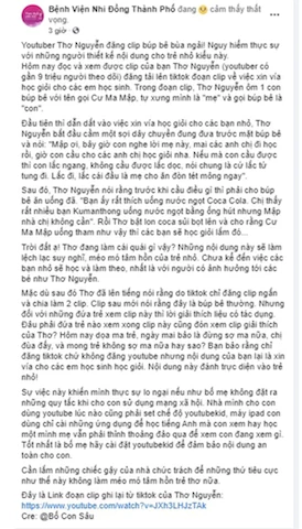 Fanpage Bệnh viện Nhi đồng Thành phố chia sẻ bài viết chỉ trích Thơ Nguyễn ôm búp bê xin vía học giỏi cho trẻ nhỏ.