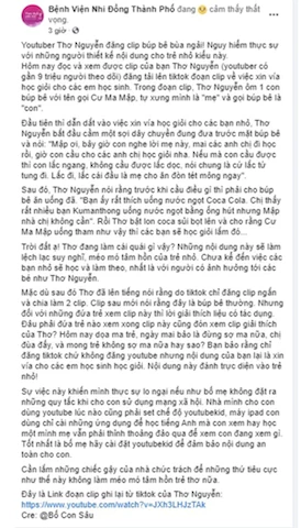 Fanpage Bệnh viện Nhi đồng Thành phố chia sẻ bài viết chỉ trích Thơ Nguyễn ôm búp bê xin vía học giỏi cho trẻ nhỏ. Fanpage Bệnh viện Nhi đồng Thành phố chia sẻ bài viết chỉ trích Thơ Nguyễn ôm búp bê xin vía học giỏi cho trẻ nhỏ.