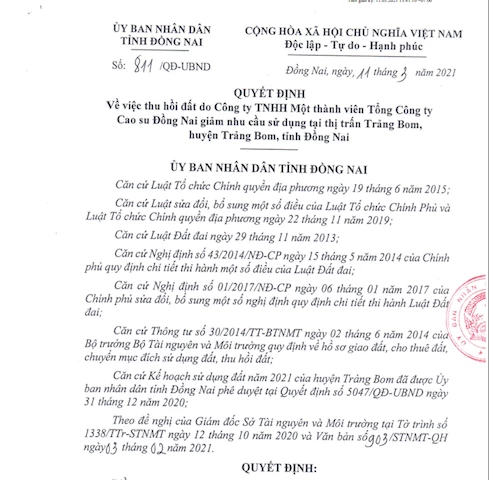  Quyết định thu hồi đất của UBND tỉnh Đồng Nai tại Tổng Công ty Cao su Đồng Nai.