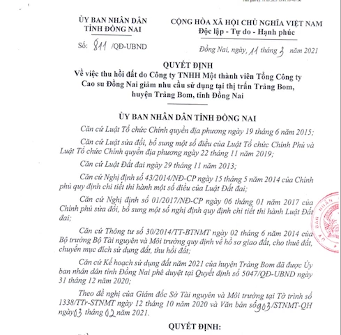 Quyết định thu hồi đất của UBND tỉnh Đồng Nai tại Tổng Công ty Cao su Đồng Nai. Quyết định thu hồi đất của UBND tỉnh Đồng Nai tại Tổng Công ty Cao su Đồng Nai.