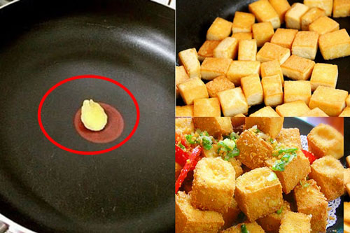 Rán đậu cứ cho thêm một lát gừng mỏng, đảm bảo miếng nào cũng vàng giòn, thơm ngon