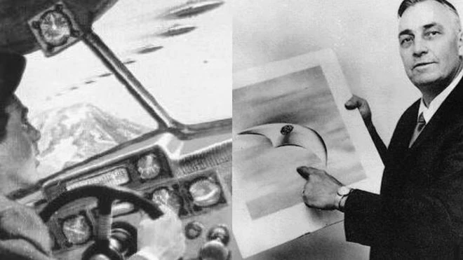 Ảnh trái mô tả lúc Kenneth Arnold nhìn thấy UFO. Ảnh phải là ông Arnold và tranh vẽ mô tả hình dang UFO Ảnh trái mô tả lúc Kenneth Arnold nhìn thấy UFO. Ảnh phải là ông Arnold và tranh vẽ mô tả hình dang UFO
