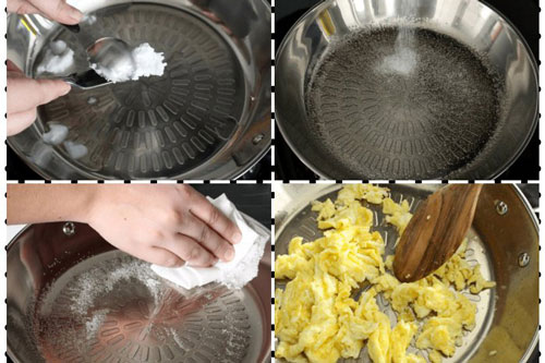 Dùng 1 nắm muối thả vào chảo mới mua, đảm bảo chảo sắt cũng thành chống dính, tha hồ chiên rán