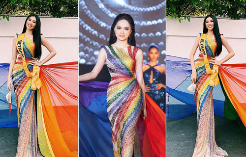 Mặc lại váy lục sắc của Hương Giang, Ngọc Thảo nổi bật tại buổi chụp hình ở Miss Grand