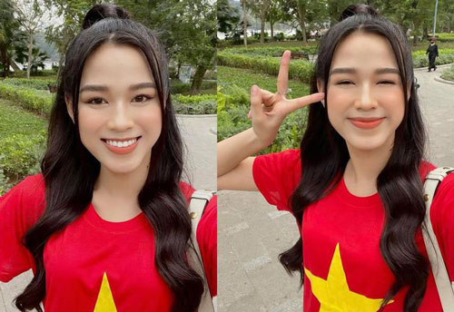 Hoa hậu Đỗ Thị Hà mặc áo cờ đỏ sao vàng, biểu cảm cực dễ thương