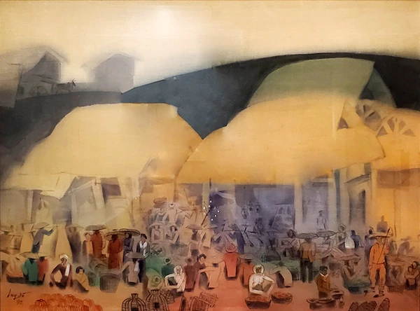 Tác phẩm tranh in lụa "Chợ quê" của Duy Vũ trong bộ sưu tập tranh “Houei” được ông Toyokichi Itoh hiến tặng và cho TP Đà Nẵng mượn dài hạn