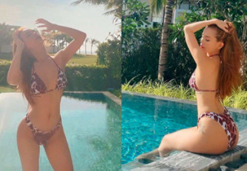 Sĩ Thanh diện bikini khoe dáng gợi cảm bên hồ bơi