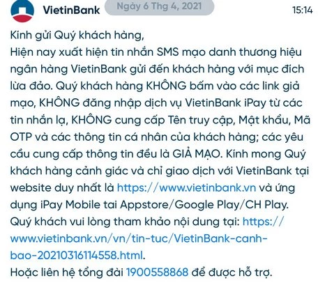 Khuyến cáo từ VietinBank
