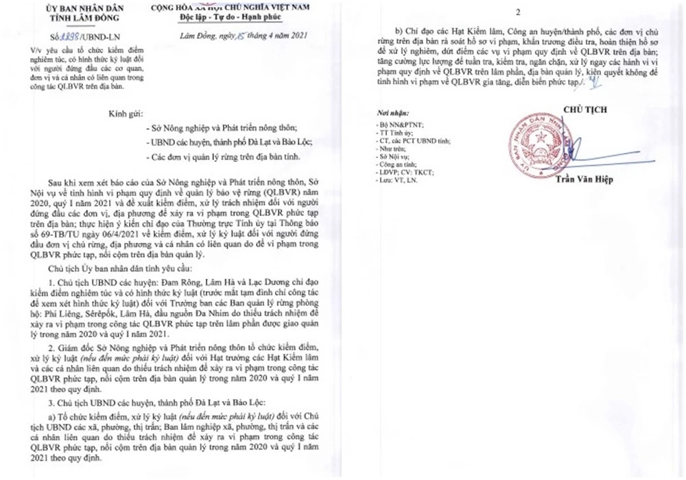 Văn bản chỉ đạo xử lý kỷ luật của UBND tỉnh Lâm Đồng.