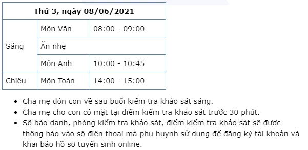 Thời gian nhà trường tổ chức kỳ "Khảo sát đánh giá năng lực vào lớp 6 năm 2021-2022"