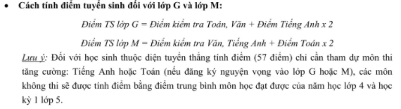 Cách tính điểm tuyển sinh lớp G và M.