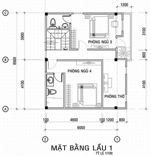 Bản vẽ thiết kế tầng 1 mẫu nhà hình vuông 8x8m.