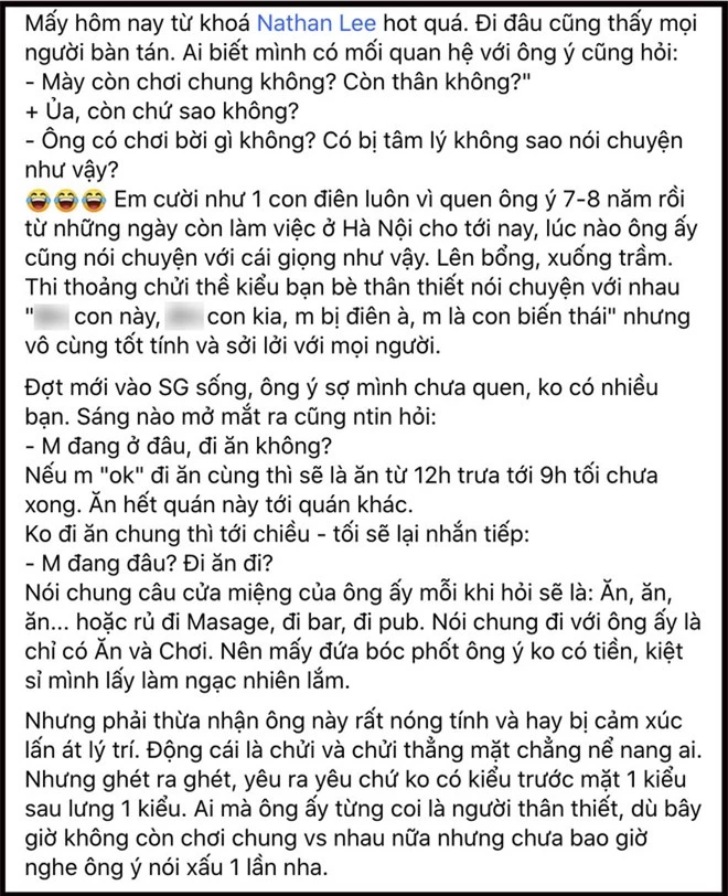 Nathan Lee bị nghi có vấn đề tâm lý vì cách nói chuyện, bạn thân liền làm hẳn status dài hé lộ con người thật của anh - Ảnh 3.