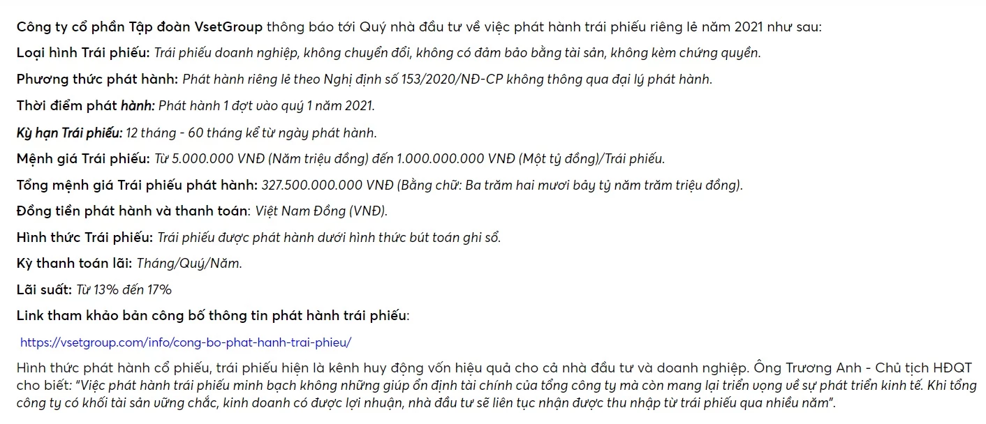 Thông báo phát hành trái phiếu được đăng tải chính thức trên website Vsetgroup