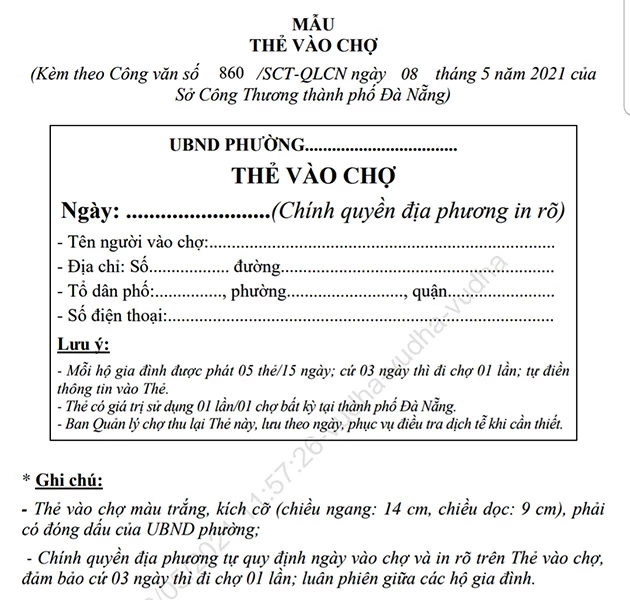 Mẫu "Thẻ vào chợ" được Đà Nẵng áp dụng từ ngày 8/5 trên toàn TP